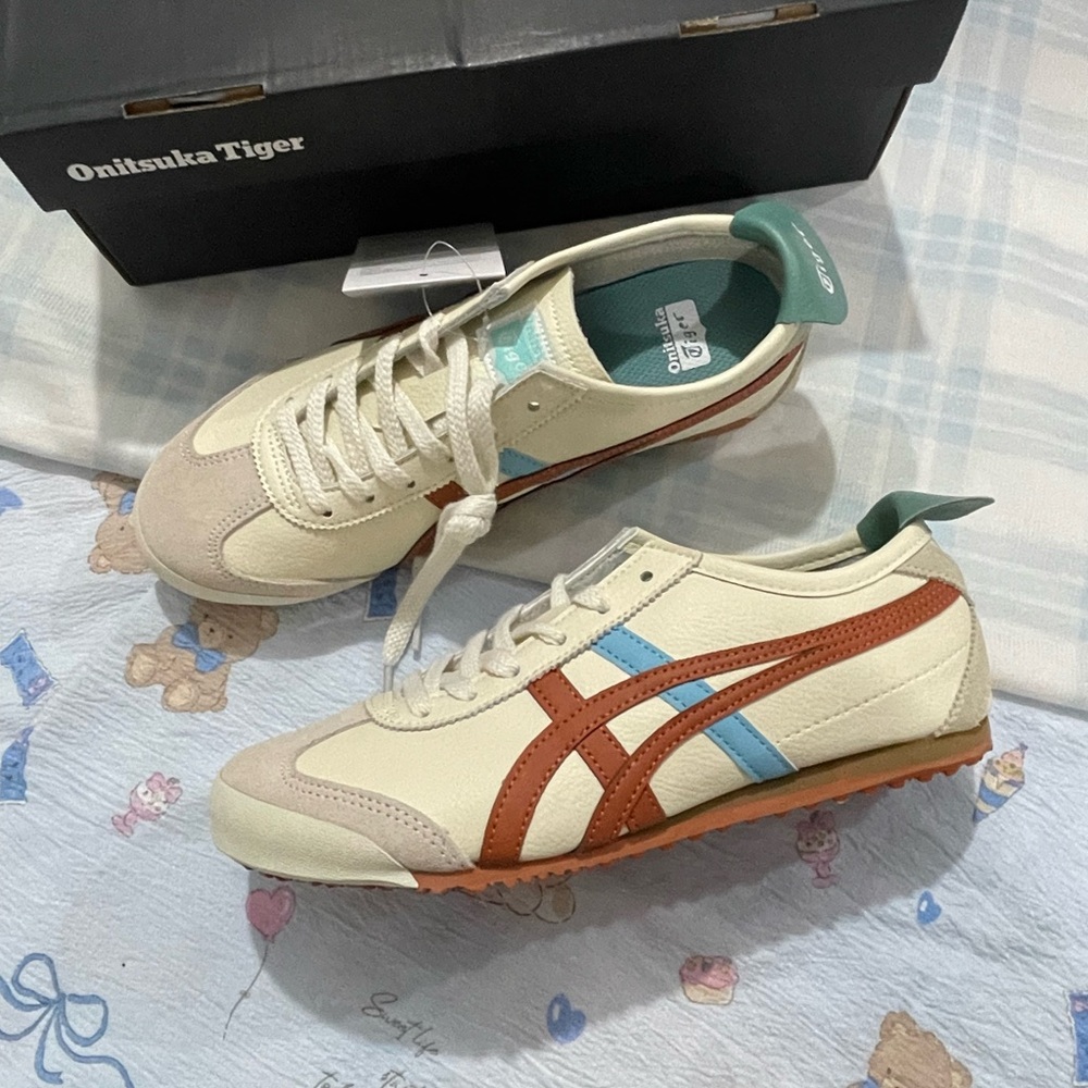 Onitsuka Tiger by Asics Cream Sneakers with Rust and Light Blue Accents